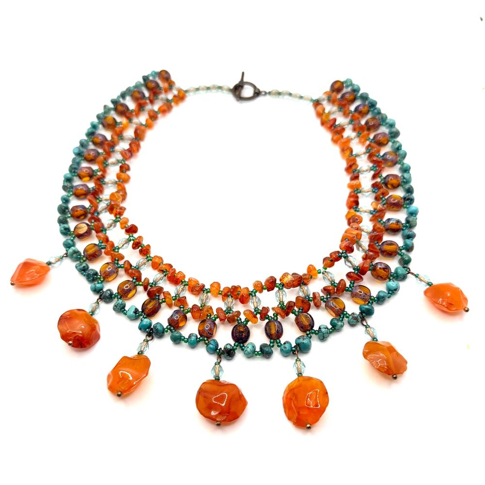 Vintage 90s Turquoise Carnelian Amber Boho Choker Fringe Statement Necklace